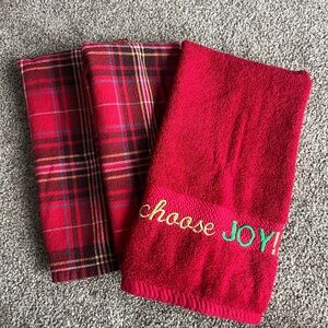 2 Red Plaid Ralph Lauren Towels and a Choose Joy Embroidered Towel